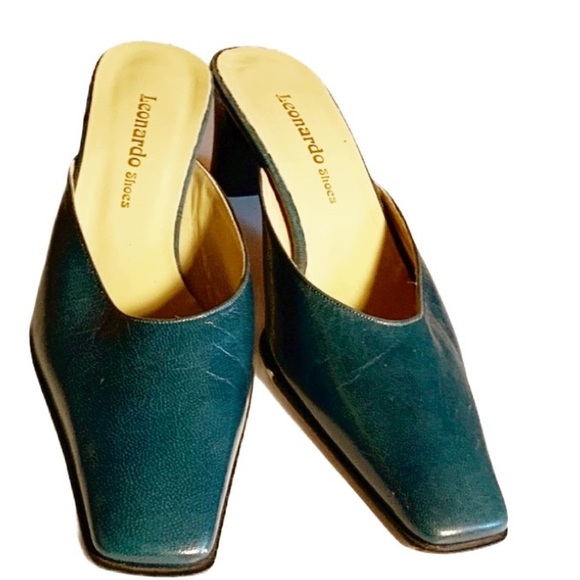 Shoes - Leonardo Retro Green Leather Slides, 38